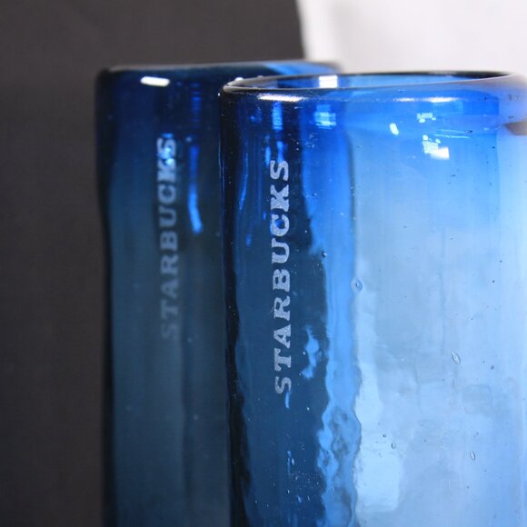 Set of 2 Starbucks Etched Bottle Blue Hand Blown Hobnail Tumbler Cold Glasses - Picture 2 of 7